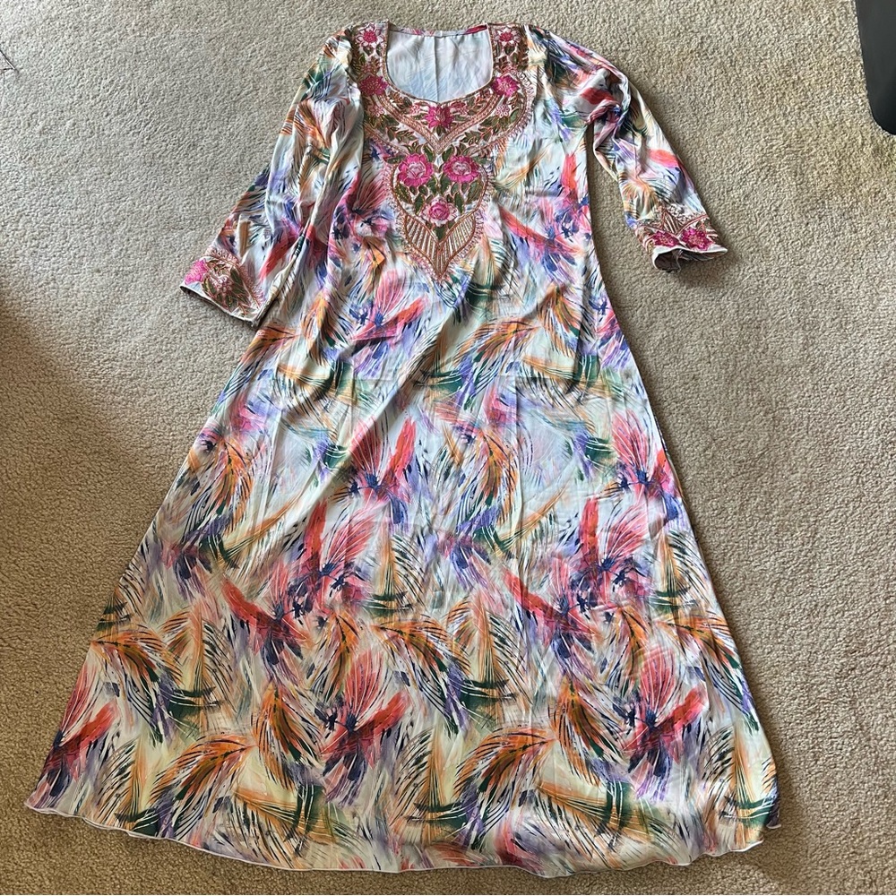 Floral Multicolor Maxi Traditional Dress Kaftan Thob Jalabya - Size Small